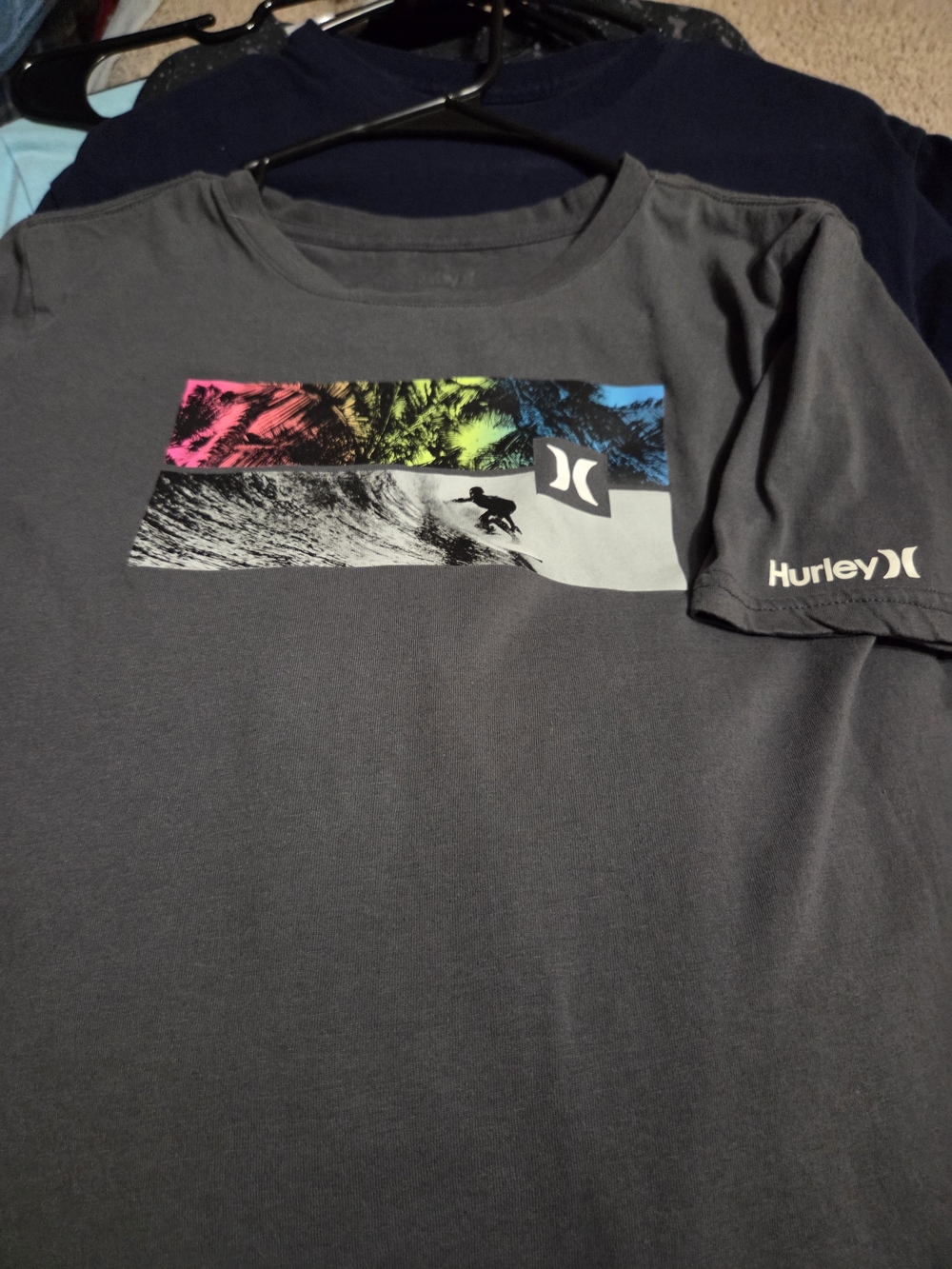 Hurley Charcoal Short-Sleeve Surf Graphic Tee with Neon Accents
